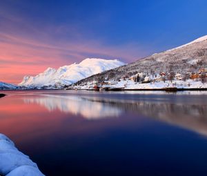 Preview wallpaper river, mountains, home, sky, snow, blue, surface of the water, smooth surface, reflection, silence