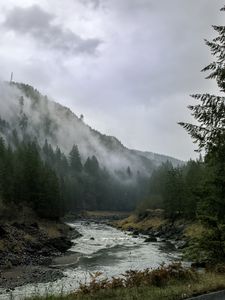 Preview wallpaper river, mountains, landscape, forest, fog, nature