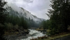 Preview wallpaper river, mountains, landscape, forest, fog, nature