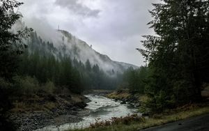 Preview wallpaper river, mountains, landscape, forest, fog, nature