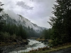 Preview wallpaper river, mountains, landscape, forest, fog, nature