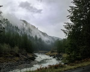 Preview wallpaper river, mountains, landscape, forest, fog, nature