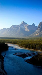 Preview wallpaper river, mountains, morning, wood, coniferous, freshness, haze