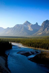 Preview wallpaper river, mountains, morning, wood, coniferous, freshness, haze