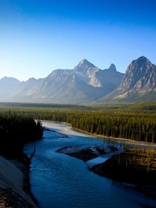 Preview wallpaper river, mountains, morning, wood, coniferous, freshness, haze