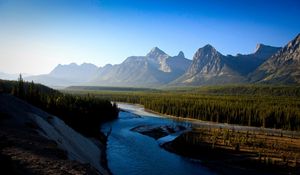 Preview wallpaper river, mountains, morning, wood, coniferous, freshness, haze