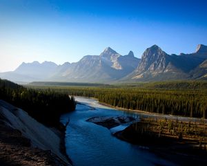 Preview wallpaper river, mountains, morning, wood, coniferous, freshness, haze