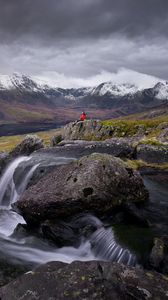 Preview wallpaper river, mountains, rocks, man, alone