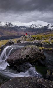 Preview wallpaper river, mountains, rocks, man, alone