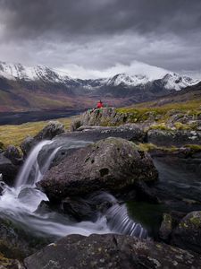 Preview wallpaper river, mountains, rocks, man, alone