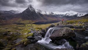 Preview wallpaper river, mountains, rocks, man, alone