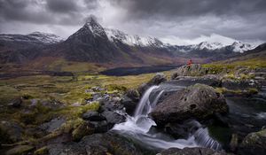 Preview wallpaper river, mountains, rocks, man, alone