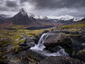 Preview wallpaper river, mountains, rocks, man, alone