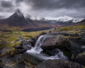 Preview wallpaper river, mountains, rocks, man, alone