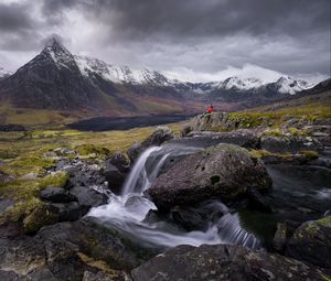 Preview wallpaper river, mountains, rocks, man, alone