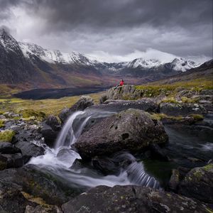 Preview wallpaper river, mountains, rocks, man, alone