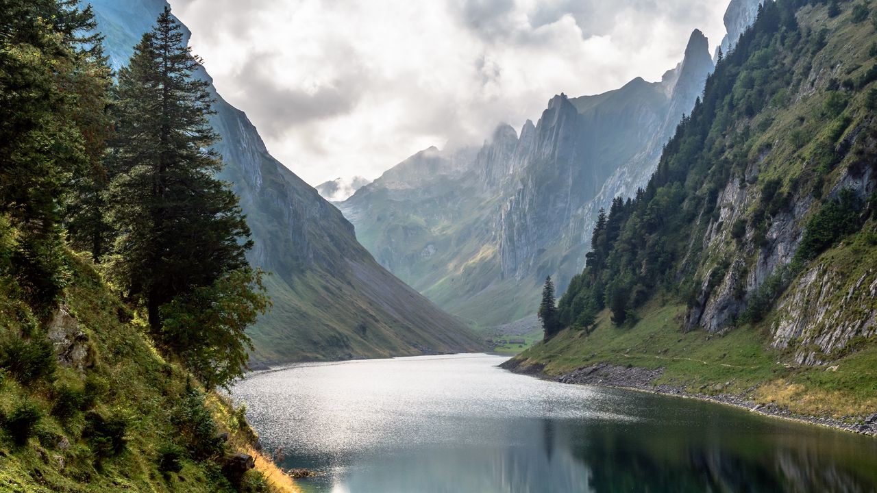 Wallpaper river, mountains, rocks, trees, clouds