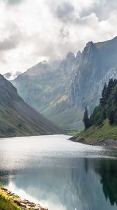 Preview wallpaper river, mountains, rocks, trees, clouds