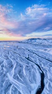 Preview wallpaper river, mountains, snow, aerial view, winter, landscape
