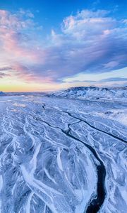 Preview wallpaper river, mountains, snow, aerial view, winter, landscape