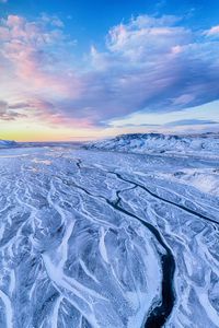 Preview wallpaper river, mountains, snow, aerial view, winter, landscape