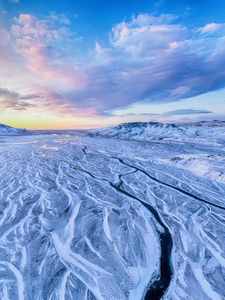 Preview wallpaper river, mountains, snow, aerial view, winter, landscape