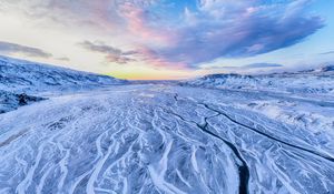 Preview wallpaper river, mountains, snow, aerial view, winter, landscape