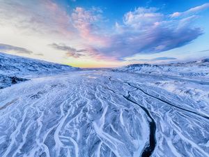 Preview wallpaper river, mountains, snow, aerial view, winter, landscape