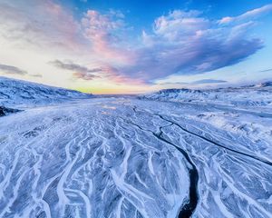 Preview wallpaper river, mountains, snow, aerial view, winter, landscape