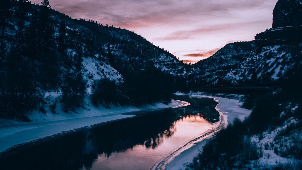 Wallpaper river, mountains, snow, dusk, landscape hd, picture, image