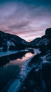 Preview wallpaper river, mountains, snow, dusk, landscape