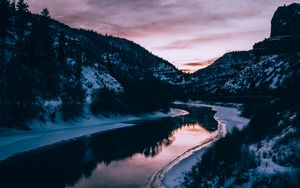 Preview wallpaper river, mountains, snow, dusk, landscape