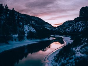 Preview wallpaper river, mountains, snow, dusk, landscape