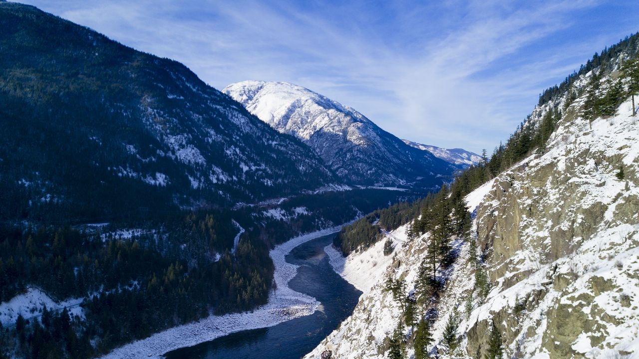 Wallpaper river, mountains, snow, trees, landscape