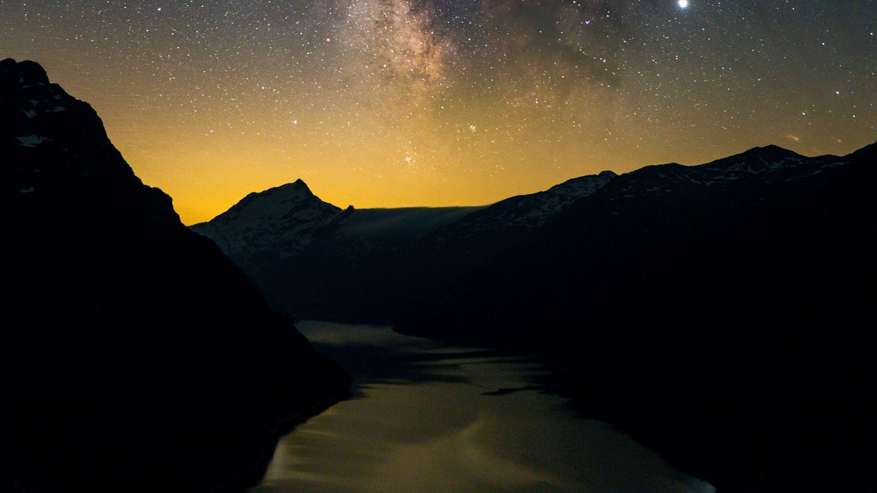 Wallpaper river, mountains, starry sky, night, dark