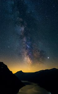 Preview wallpaper river, mountains, starry sky, night, dark
