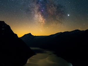 Preview wallpaper river, mountains, starry sky, night, dark