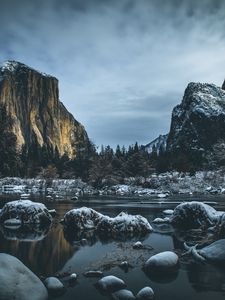 Preview wallpaper river, mountains, stones, shore, trees, cold, snowy