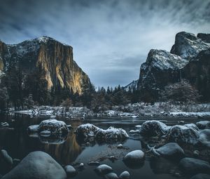 Preview wallpaper river, mountains, stones, shore, trees, cold, snowy