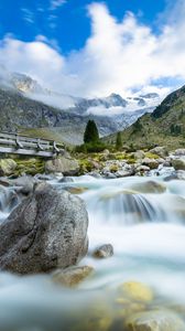 Preview wallpaper river, mountains, stones, water, nature, landscape