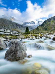 Preview wallpaper river, mountains, stones, water, nature, landscape