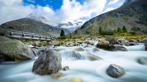 Preview wallpaper river, mountains, stones, water, nature, landscape