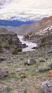 Preview wallpaper river, mountains, stones, landscape, view