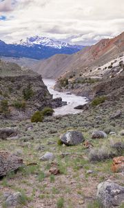 Preview wallpaper river, mountains, stones, landscape, view