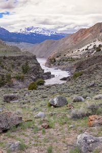 Preview wallpaper river, mountains, stones, landscape, view