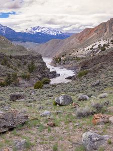 Preview wallpaper river, mountains, stones, landscape, view