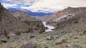 Preview wallpaper river, mountains, stones, landscape, view