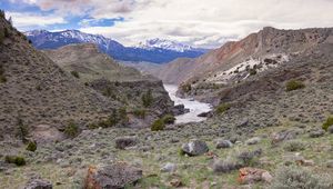 Preview wallpaper river, mountains, stones, landscape, view