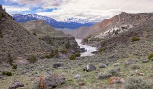 Preview wallpaper river, mountains, stones, landscape, view