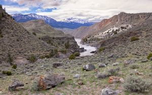 Preview wallpaper river, mountains, stones, landscape, view